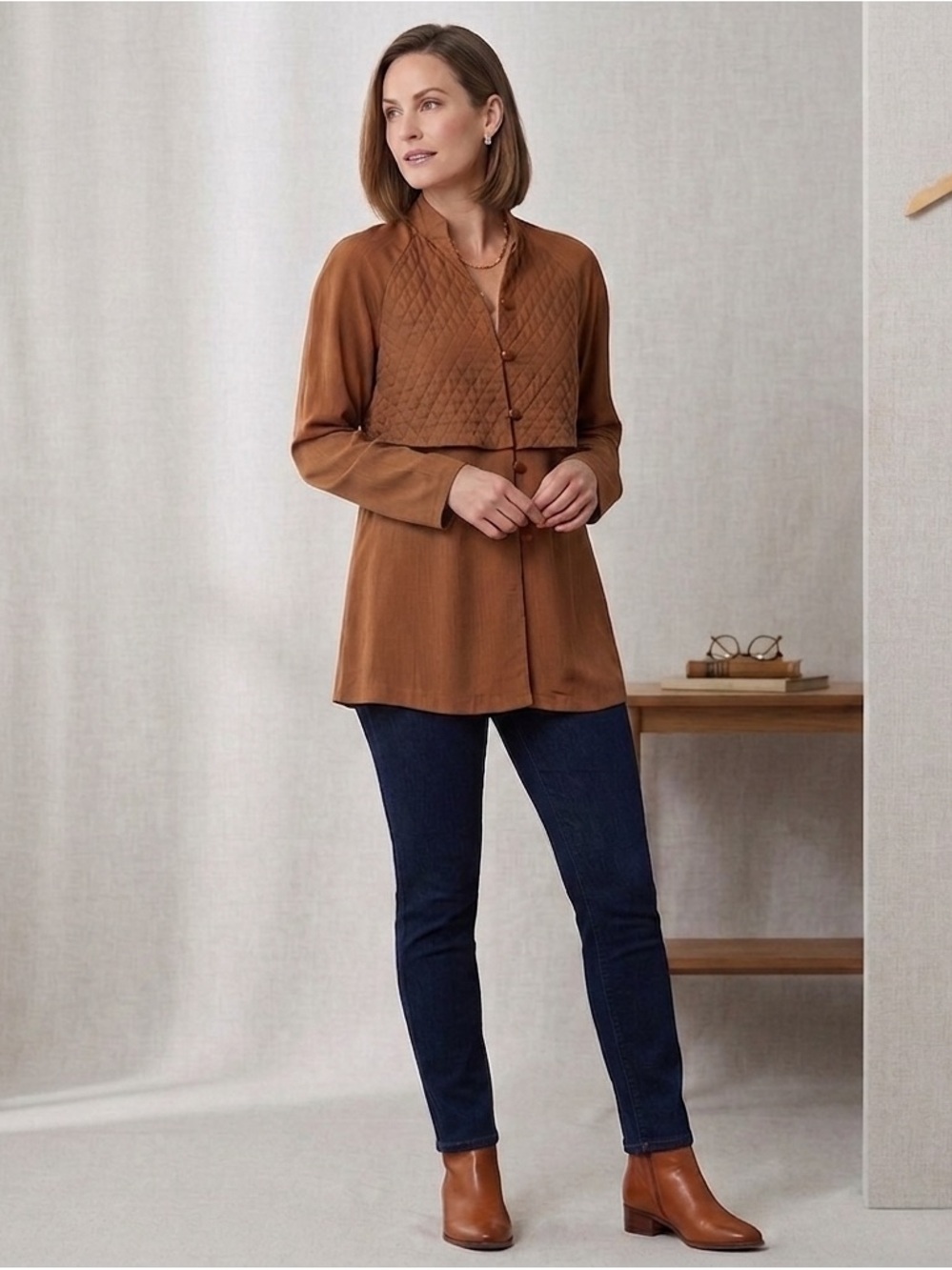 Susan Graver Quilted Yoke Tunic in Rust Brown